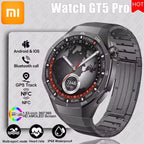 Xiaomi Watch GT5 Pro Smart Watch with black band and case, displaying various features such as heart rate monitoring, NFC, GPS, and Bluetooth call support.