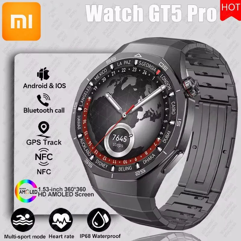 Xiaomi Watch GT5 Pro Smart Watch with black band and case, displaying various features such as heart rate monitoring, NFC, GPS, and Bluetooth call support.