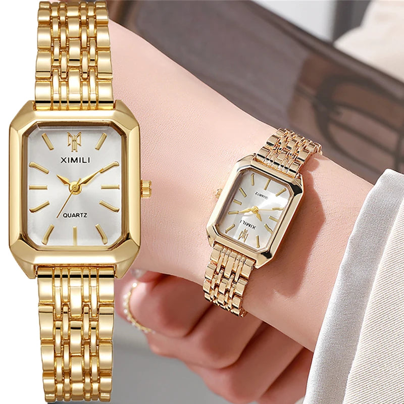 A woman's fashion square watch with a gold alloy strap and a white dial, branded XIMILY.