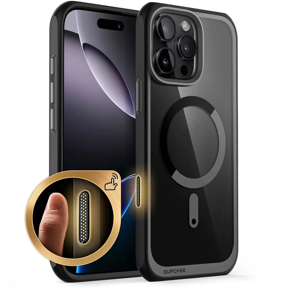 A clear back iPhone case with black edging, featuring a built-in camera control capture button and MagSafe compatibility.