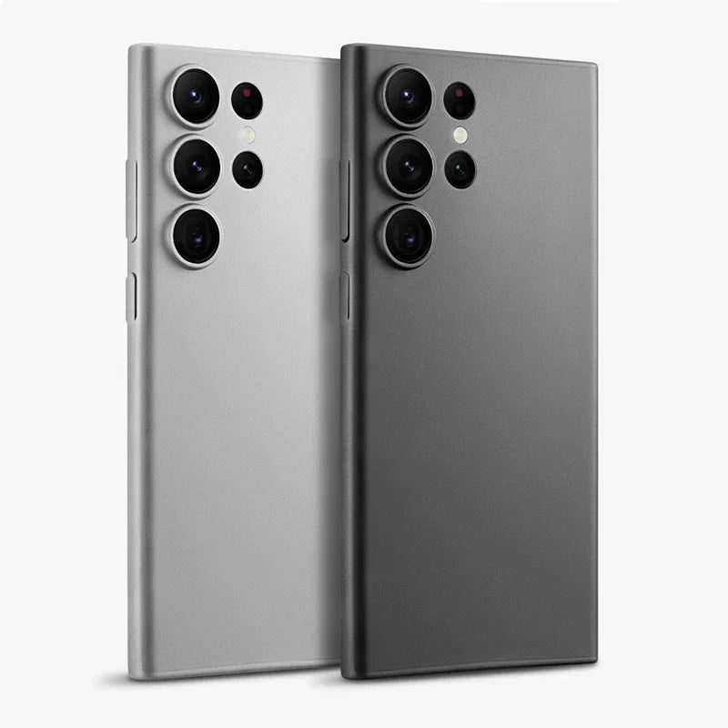 Translucent, shockproof, matte black case for Samsung Galaxy S25 S24 Ultra Plus. It highlights the case's feature of being ultra-thin and fitting snugly around the phone with a frosted matte finish.