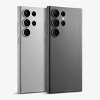 Translucent, shockproof, matte black case for Samsung Galaxy S25 S24 Ultra Plus. It highlights the case's feature of being ultra-thin and fitting snugly around the phone with a frosted matte finish.